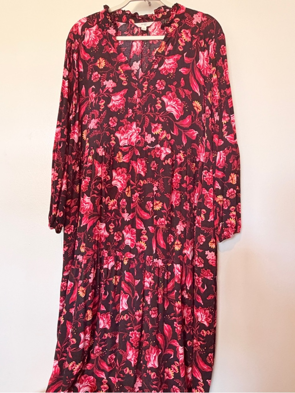 Terra & Sky Pink Floral Long Sleeve Midi Dress on Black